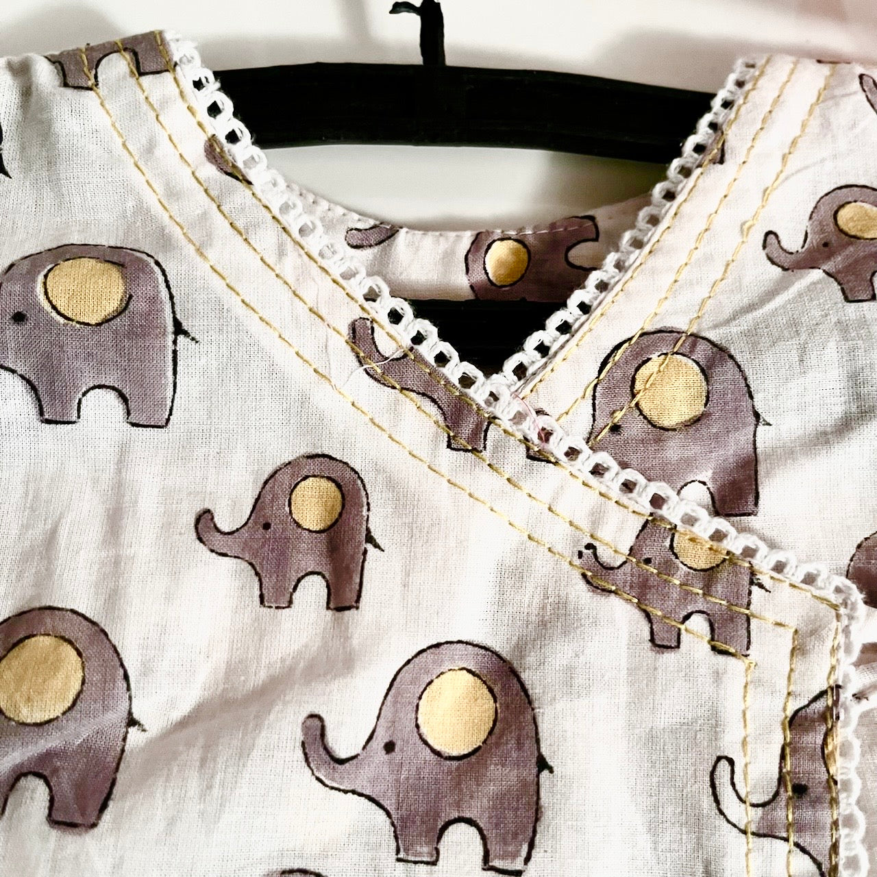 White and Yellow Block Printed Cotton Overlap Elle Infant Jhabla