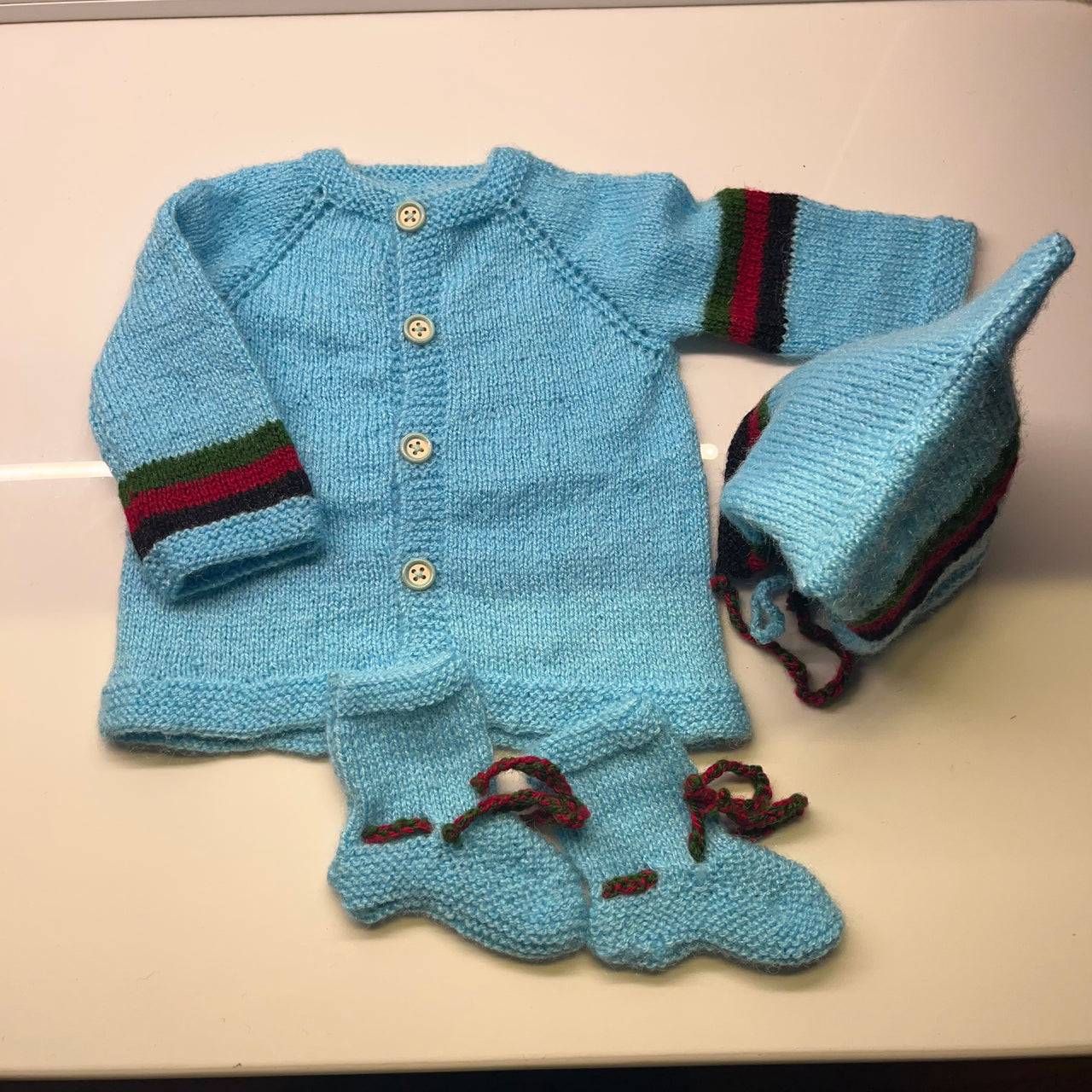 Blue Woollen Hand Knitted Three Piece Infant Set
