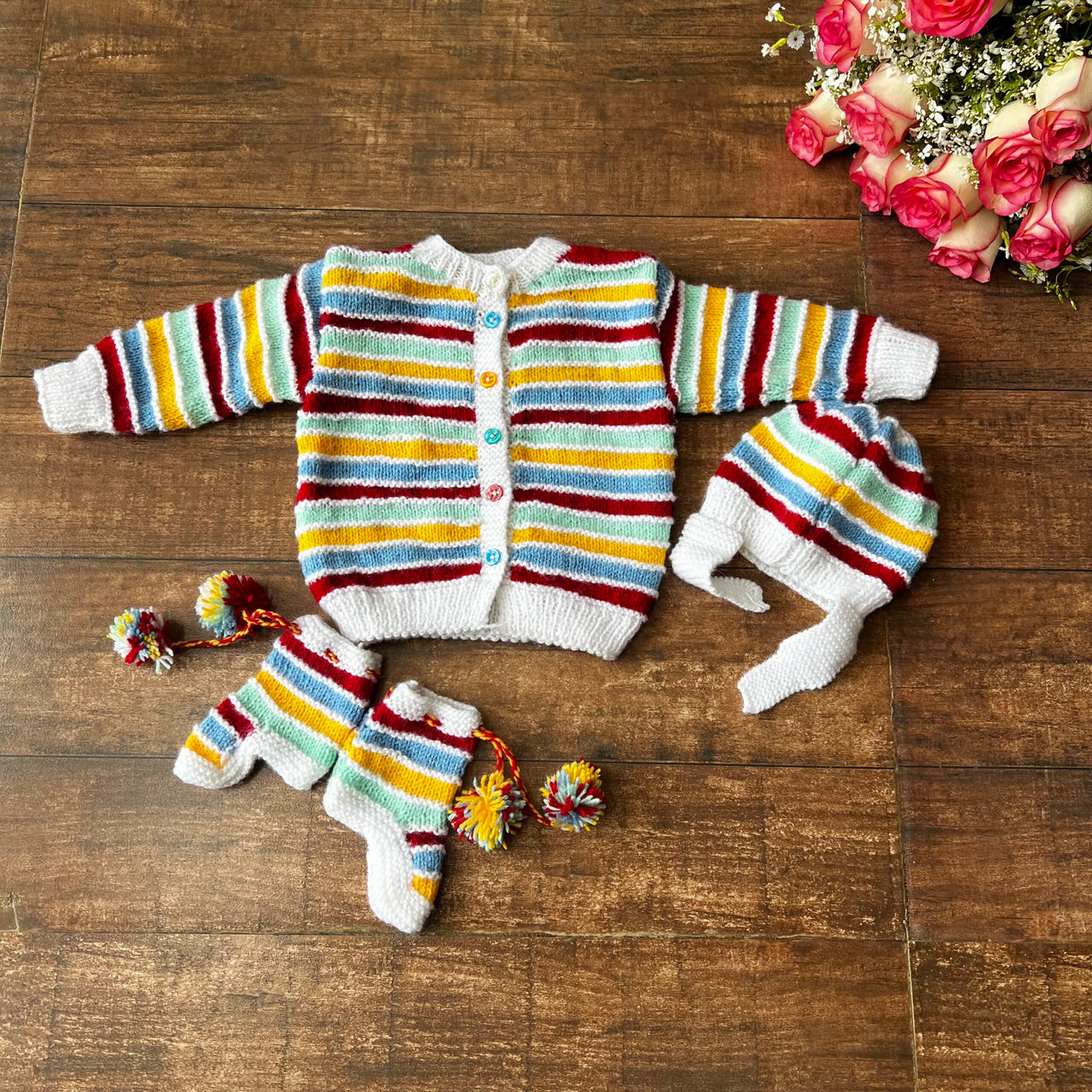 Multicoloured Striped Woollen Hand-Knitted Three Piece infants set.