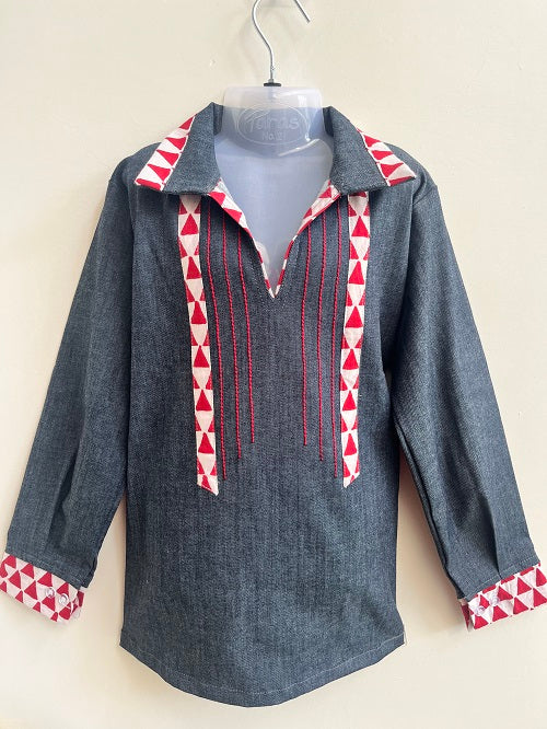 Basic Blue Cotton Laycra Denim Designer Full Shirt For Boys