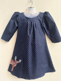 Thumbnail for Blue Printed Laycra Denim Reindeer Embroydri Full Sleeve Dress For Girls
