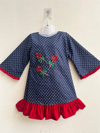 Thumbnail for Basic Blue Laycra Denim Popsicles Embroydri Full Sleeves Party Dress For Girls