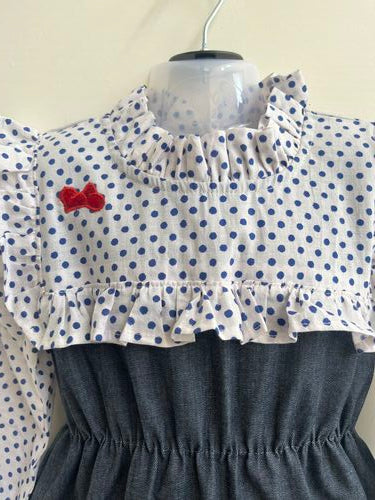 Basic Blue Laycra Denim Polka Dot Embroydri Full Sleeves Dress For Girls