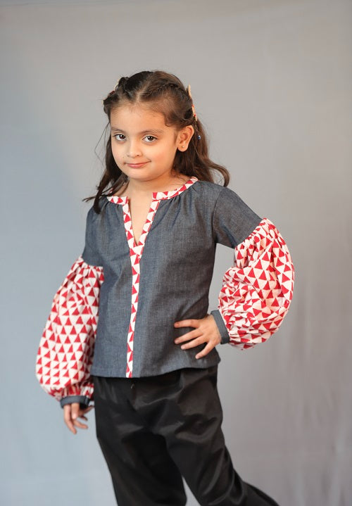 Basic Blue Laycra Denim Designer Full Sleeves Top For Girls