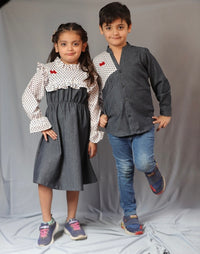 Thumbnail for Basic Blue Laycra Denim Designer Polka Dot Full Sleeves Shirt with Heart Embroydri For Boys