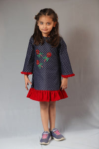 Thumbnail for Basic Blue Laycra Denim Popsicles Embroydri Full Sleeves Party Dress For Girls