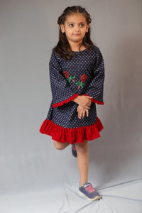 Thumbnail for Basic Blue Laycra Denim Popsicles Embroydri Full Sleeves Party Dress For Girls