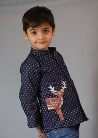 Thumbnail for Boy & Girl Blue Printed Denim Cotton Lycra Reindeer Embroidered Twinning Set Duo