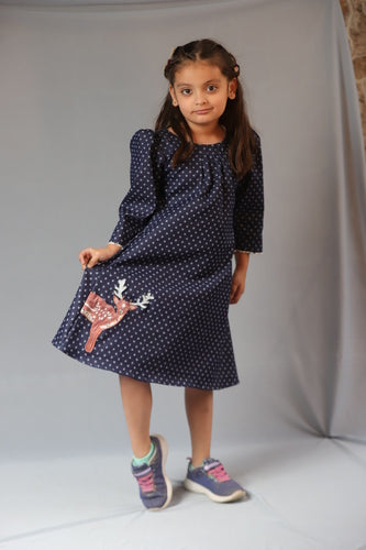 Blue Printed Laycra Denim Reindeer Embroydri Full Sleeve Dress For Girls