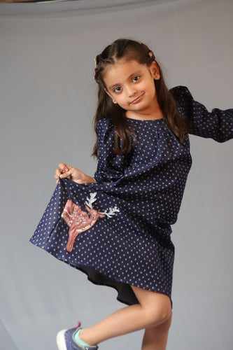 Blue Printed Laycra Denim Reindeer Embroydri Full Sleeve Dress For Girls