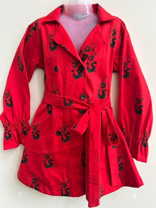 Red Cotton Laycra Penguin Double Breast Coat Style Dress For Girls