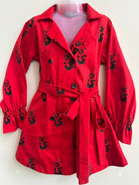 Thumbnail for Red Cotton Laycra Penguin Double Breast Coat Style Dress For Girls