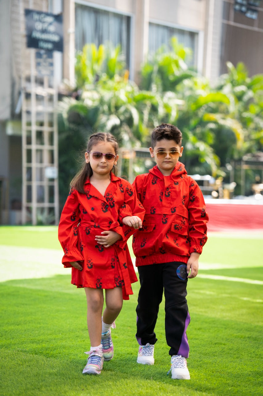 Red Cotton Laycra Penguin Double Breast Coat Style Dress For Girls