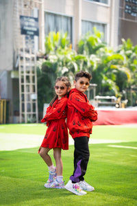 Thumbnail for Red Cotton Laycra Penguin Double Breast Coat Style Dress For Girls
