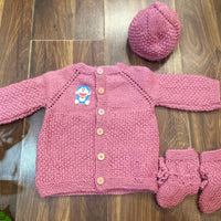 Thumbnail for Salmon Pink hand-knitted three piece soft woollen infant set