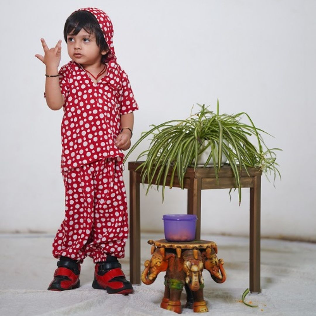 Red Polka Dot Cotton Block Print hoody 2 Piece Unisex Co-Ord Set