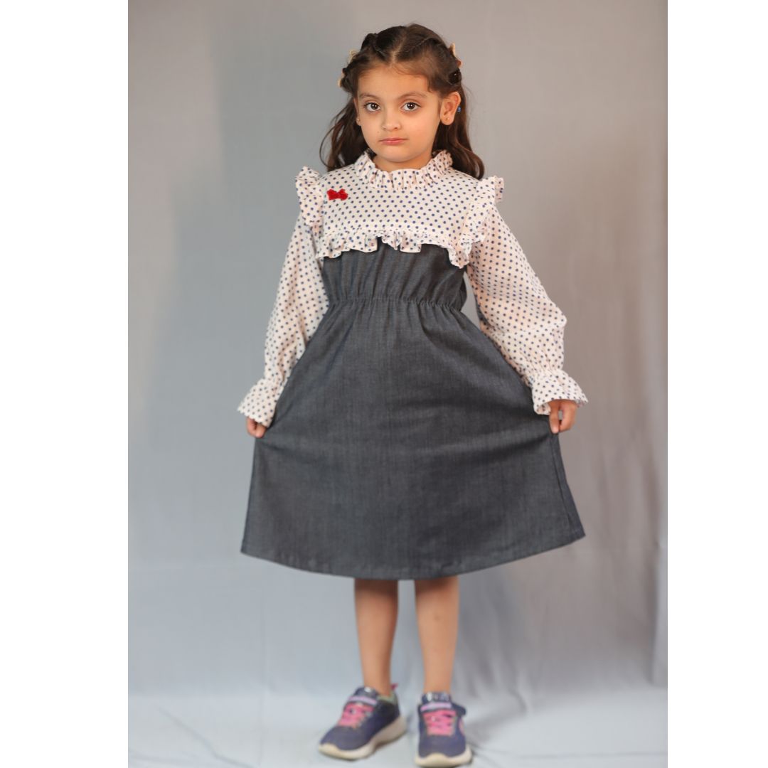 Basic Blue Laycra Denim Polka Dot Embroydri Full Sleeves Dress For Girls