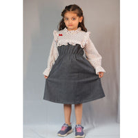 Thumbnail for Basic Blue Laycra Denim Polka Dot Embroydri Full Sleeves Dress For Girls