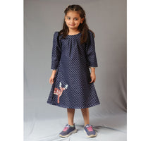 Thumbnail for Blue Printed Laycra Denim Reindeer Embroydri Full Sleeve Dress For Girls