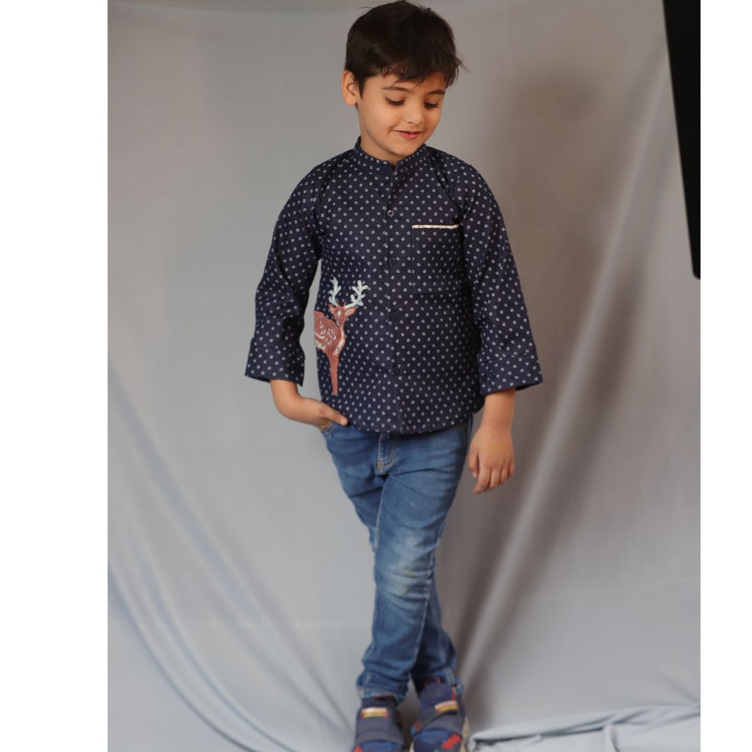 Blue Printed Denim laycra Reindeer Embroydri Full Sleeve Shirt for Boys