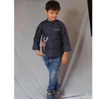 Thumbnail for Boy & Girl Blue Printed Denim Cotton Lycra Reindeer Embroidered Twinning Set Duo