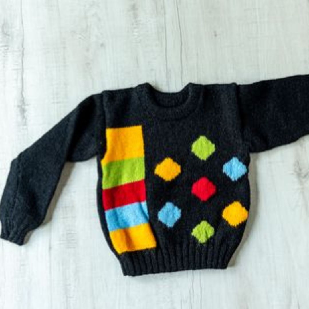 Black With Multicolour Design Woollen Handknitted Infant Pullover