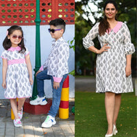 Thumbnail for Mom, Son & Daughter Black & White Cotton Hand Block Printed Twinning Set Trio