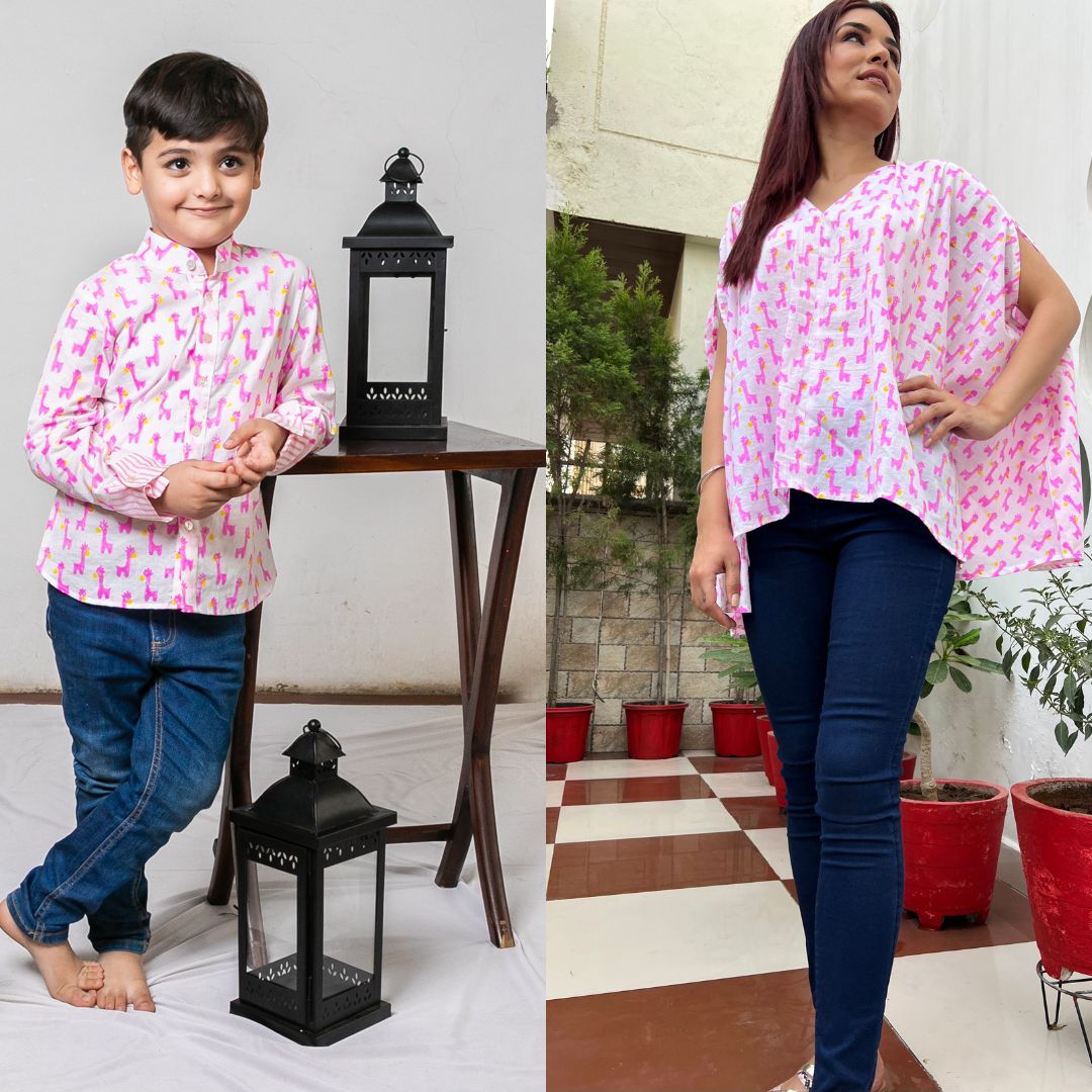 Mom & Son Pink Giraffe Cotton Handblock Printed Twinning Set Duo