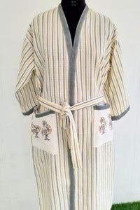 Thumbnail for Grey Strip Premium Cotton Hand Block Printed Bathrobe