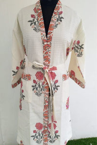 Thumbnail for Pink Floral Premium Cotton Hand Block Printed Bathrobe