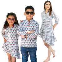 Thumbnail for Mom, Son & Daughter White & Red Cotton Hand Block Printed Twinning Set Trio