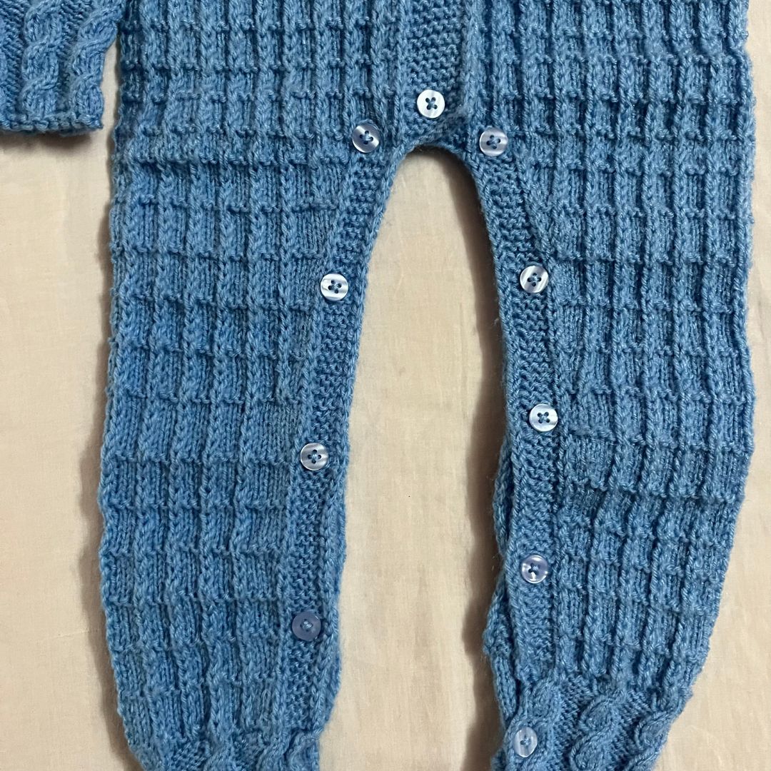 Blue Woollen Hand Knitted Full Length Infant Romper