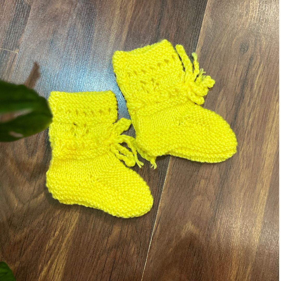 Bright Yellow hand-knitted three piece soft woollen infant set