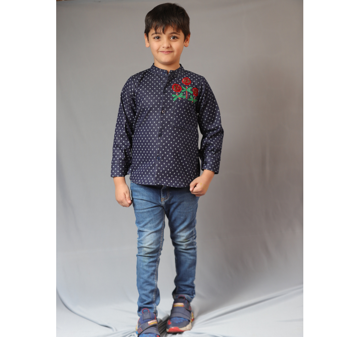 Boy & Girl Basic Blue Cotton Lycra Denim Popsicles Embroidered Twinning Set Duo
