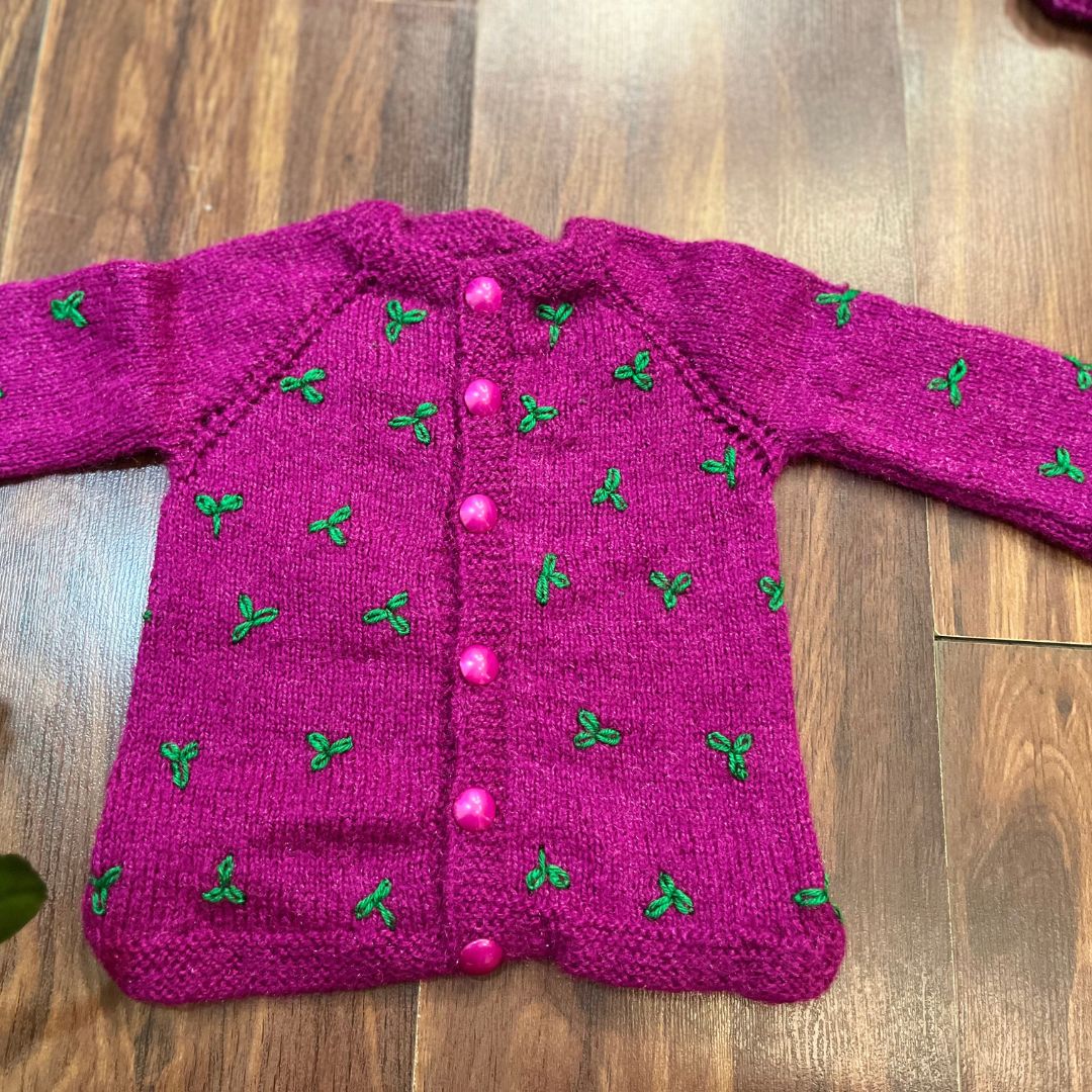 Magenta Pink hand-knitted three piece soft woollen infant set