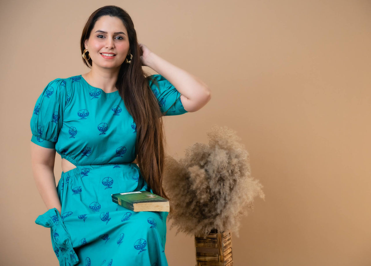 Teal Signature Block Print Cotton Lycra Dress