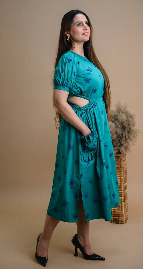 Teal Signature Block Print Cotton Lycra Dress