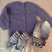 Thumbnail for Mauve And White Woollen Hand Knitted Three Piece infant  Set