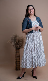 Thumbnail for Black & White Block Print Cotton Dress With Denim Jacket