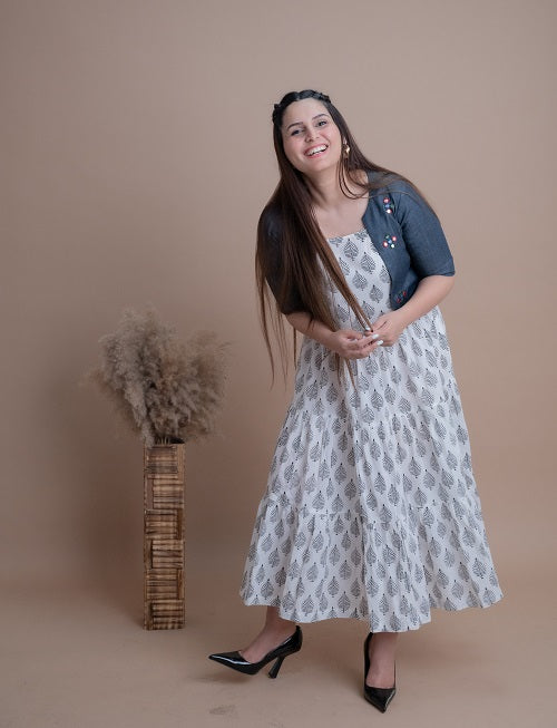 Black & White Block Print Cotton Dress With Denim Jacket