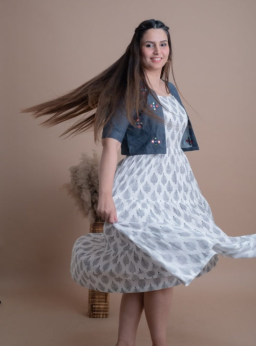 Black & White Block Print Cotton Dress With Denim Jacket