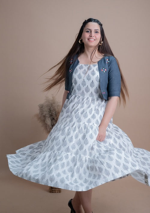 Black & White Block Print Cotton Dress With Denim Jacket