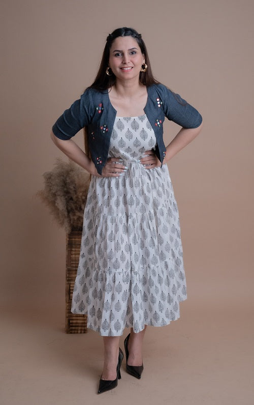 Black & White Block Print Cotton Dress With Denim Jacket