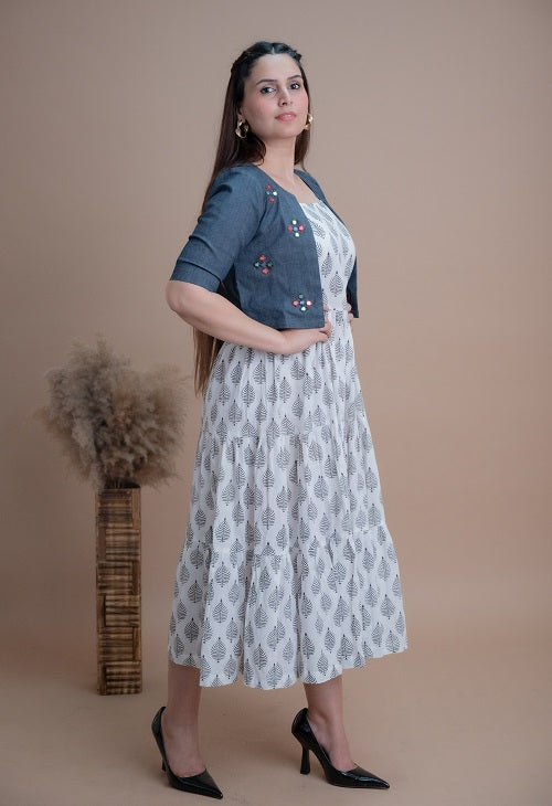 Black & White Block Print Cotton Dress With Denim Jacket