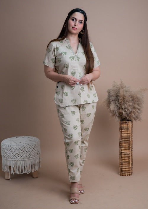 Beige Signature Block Print Cotton Lycra Co-ord Set