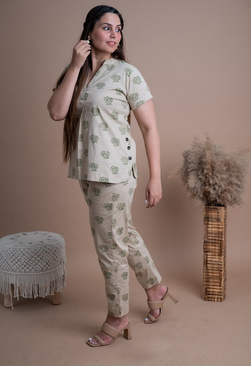 Beige Signature Block Print Cotton Lycra Co-ord Set