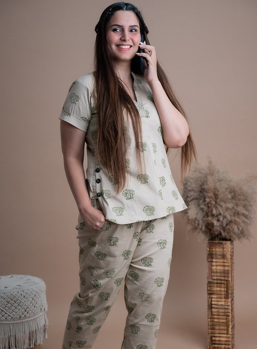 Beige Signature Block Print Cotton Lycra Co-ord Set