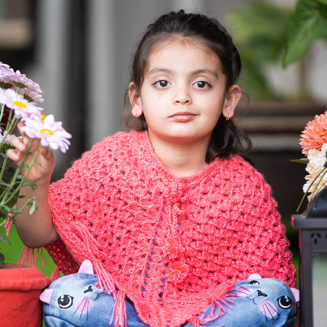 Dark Peach Hand-Knitted Soft Woollen Poncho For Girl's