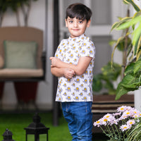 Thumbnail for Grey & Yellow Cotton Block Print Animal Shirt For Boys