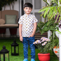 Thumbnail for Grey & Yellow Cotton Block Print Animal Shirt For Boys